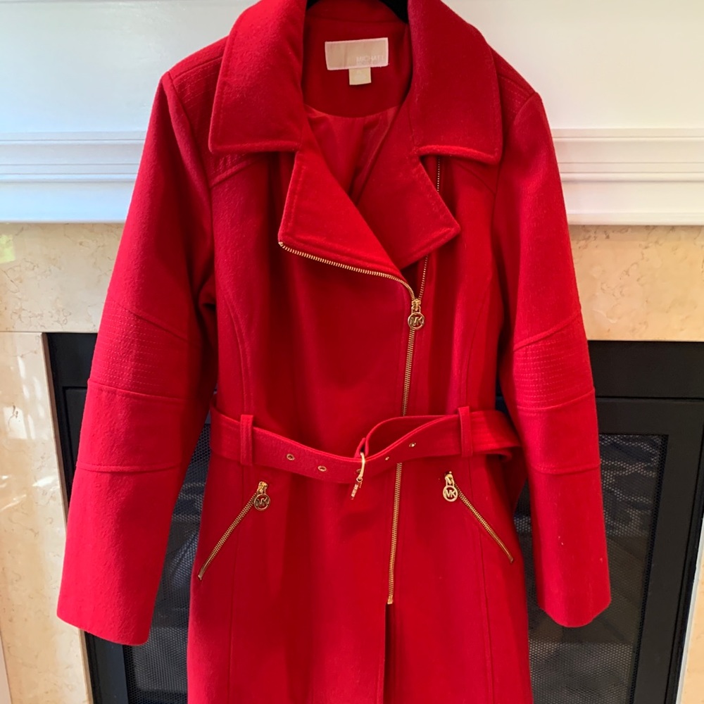 Michael Kors  Red Asymmetrical-Zip Belted Coat